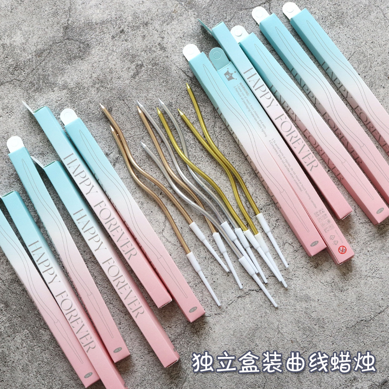 Cross-Border Amazon High-End Single Boxed Curved Birthday Candle Gold Silver Beautiful Cake Party Candle