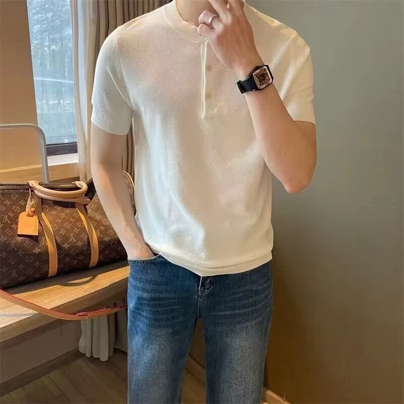 Verano nueva camiseta de cuello Henry camiseta de manga corta hombre viejo viento de negocios de hielo de verano fábrica transfronteriza al por mayor