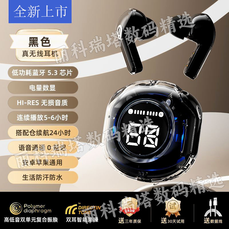 2024 透明デジタルディスプレイヘッドフォン超長バッテリー寿命ワイヤレス Bluetooth スポーツ新しいインイヤーノイズリダクション高品質携帯電話|undefined