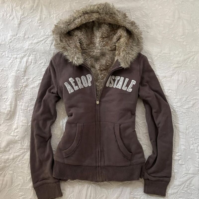 Fleece-Lined Warm American Retro Vintage Campus College Letter Embroidered Hooded Sweatshirt Jacket Y2K