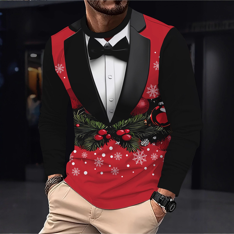 Fake Two Pieces Suit Men's T-Shirt Christmas Print New Long Sleeve Casual Holiday Style Fashion Top