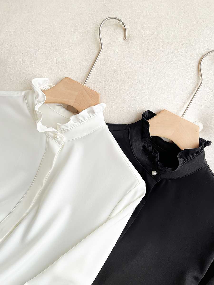 秋の新スタイルライトラグジュアリーデザインニッチサテンフレンチスイート耳立ち襟白シャツレディース人気トップス