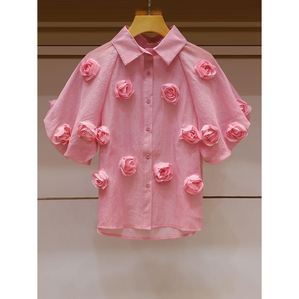 Women's Clothing summer new three dimensional rose flower chic French puff sleeve niche loose single breasted shirt versatile_voghion.com