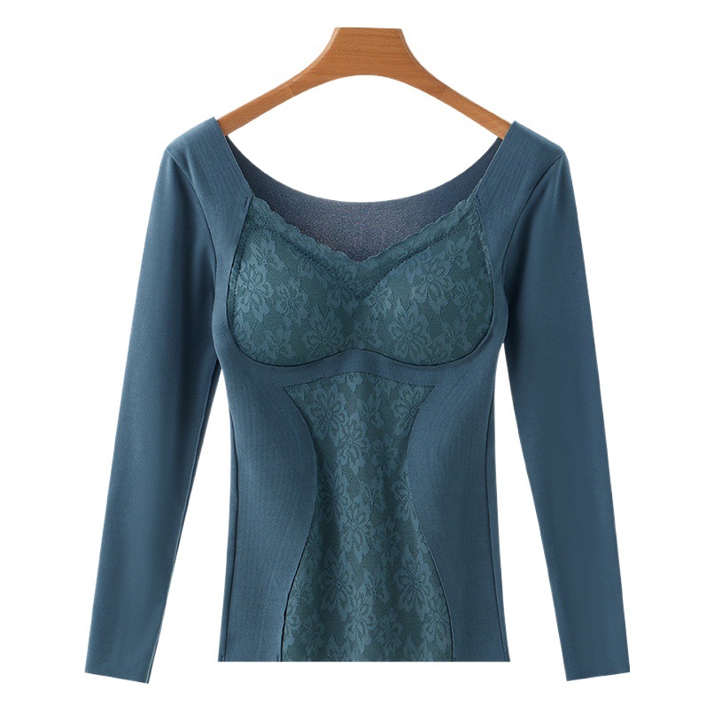 Ropa interior térmica sin costuras de terciopelo de doble cara camisa de fondo engrosada de las mujeres top de autocalentamiento con almohadilla en el pecho ropa de Otoño de manga larga cálida