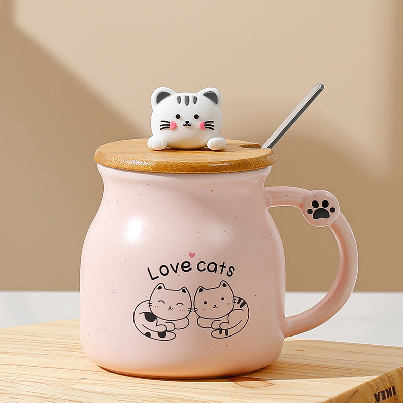 Taza de gato con tapa cuchara cerámica taza leche los niños lindos regalo cumpleaños