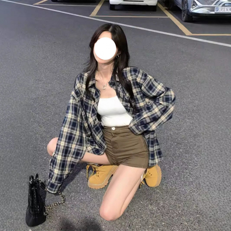 ピンクチェック柄日焼け止めシャツジャケット女性のための夏 2025 新しいルーズアメリカントップデザインレトロシャツ|undefined