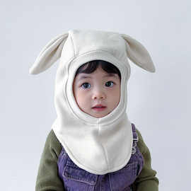 婴儿帽子围巾一体秋冬男女宝宝披肩护耳帽可爱兔子超萌儿童套头帽