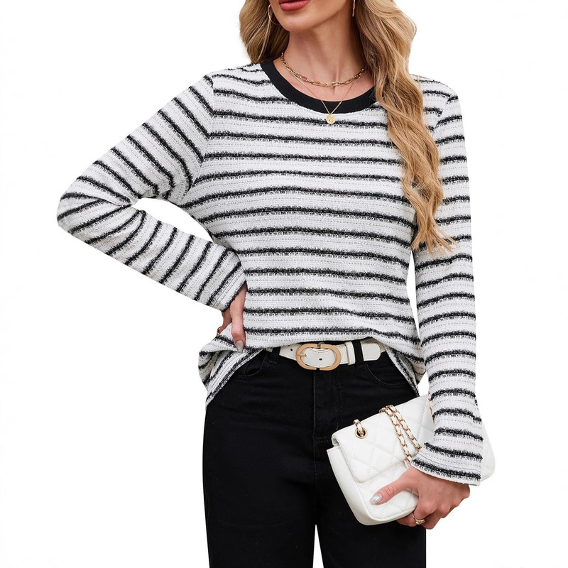2025 Blooming Jelly Women's Long Sleeve Shirt Striped Tweed Top Business Dressy Casual Round Neck Autumn t