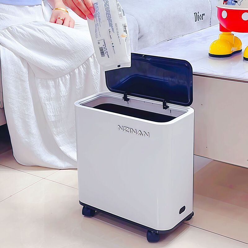 Trash Can with Wheels for Narrow Spaces, Wall-Mountable, Suitable for Bathroom, Kitchen, Living Room, Bedroom, Toilet, Stylish Square Design, Movable