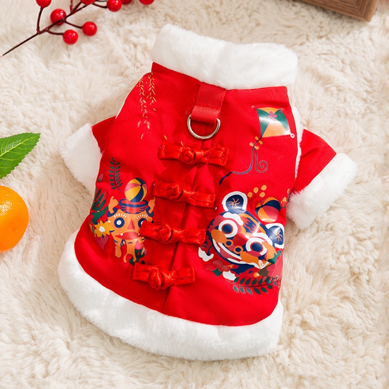 Año nuevo mascota Tang traje León danza pareja ropa de algodón acolchado ropa de Año Nuevo ropa de perro festivo gato dos pies ropa de perro caliente
