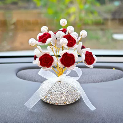 High-end ribbon crystal flower decoration car creative interior supplies romantic men and women available car decoration (Car ornaments) - diamond-bottom-red-rose