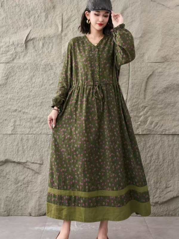 2025 Autumn Large Size Cotton and Linen Extra Long Floral Long Skirt Drawstring Waist V-Neck Women's Dress