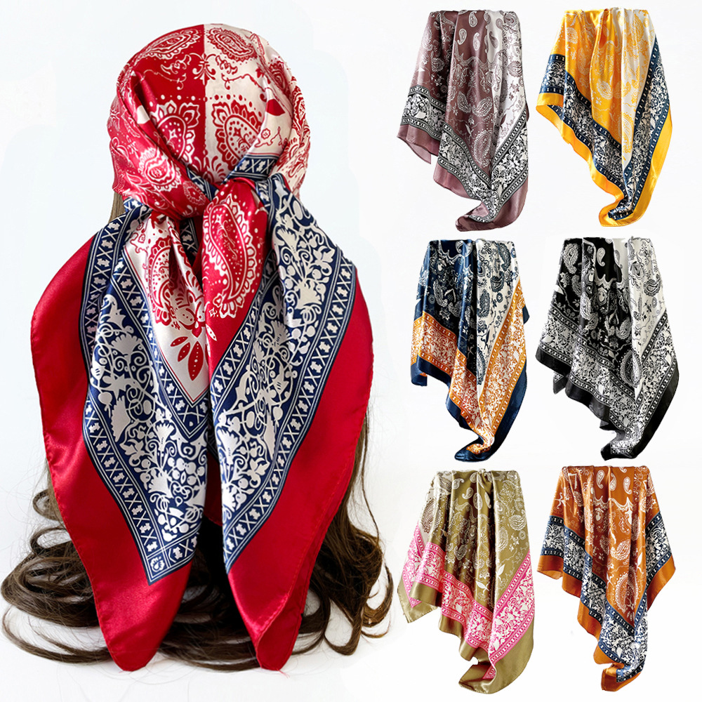 Women's Classic Color Block Cashew Print Silk Scarf 90 Cm Large Square Shawl Bag Headband_voghion.com