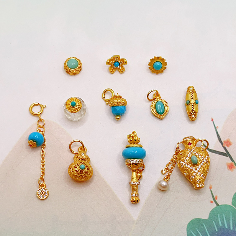 S925 Sterling Silver Gold-Plated Natural Turquoise Gourd-Shaped Fortune Bead DIY Jewelry Bracelet Pendant Spacer Bead Accessories