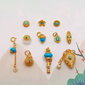 S925 Sterling Silver Gold-Plated Natural Turquoise Gourd-Shaped Fortune Bead DIY Jewelry Bracelet Pendant Spacer Bead Accessories