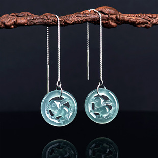 Natural Jade A Blue Water Rabbit Ear Line S925 Silver Set Ice Jade Stone Fashion Women's Cute Earrings Earrings
