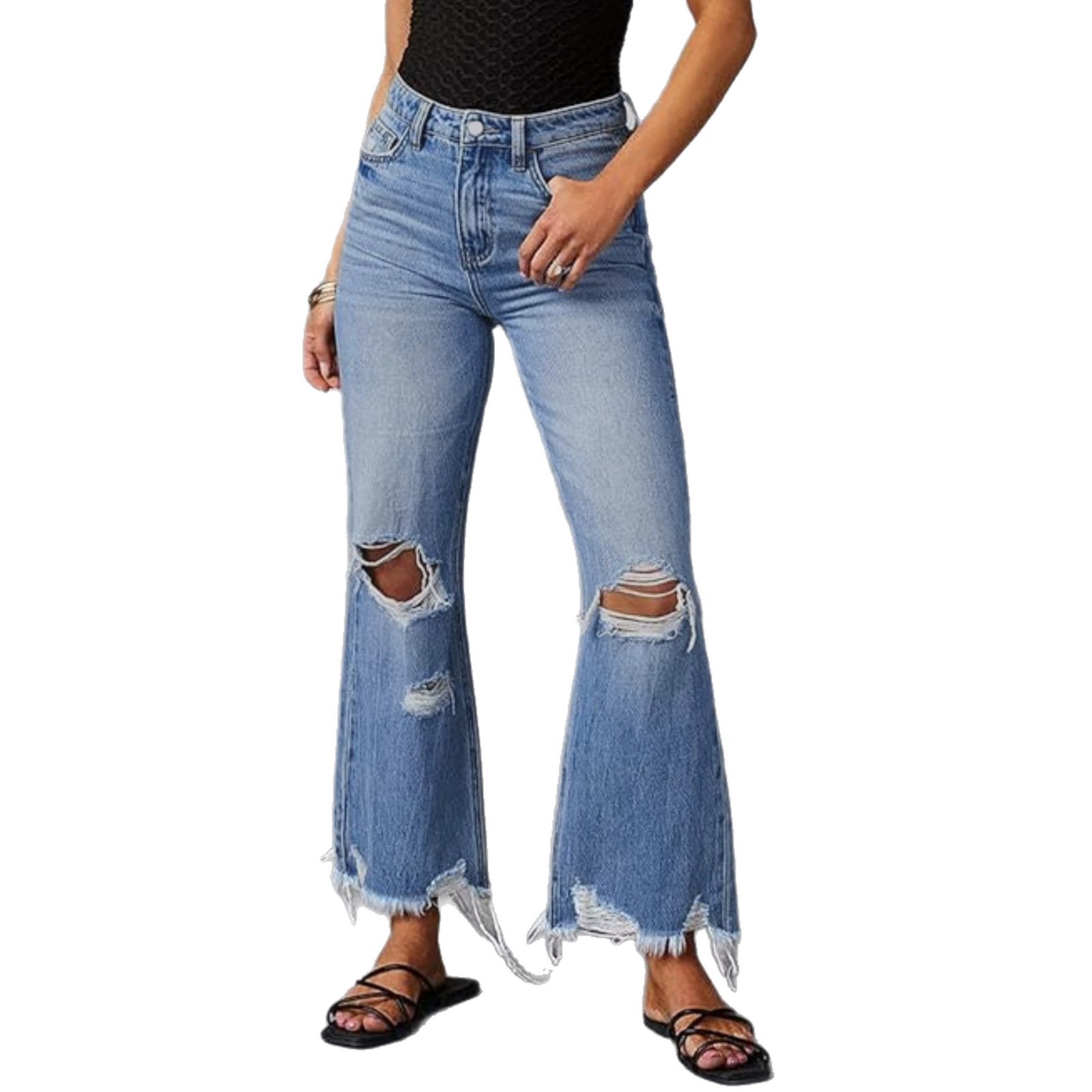 Jeans Rectos de Tiro Alto para Mujer de Mezclilla de Algodón, Con Roturas, para Uso Casual image 6