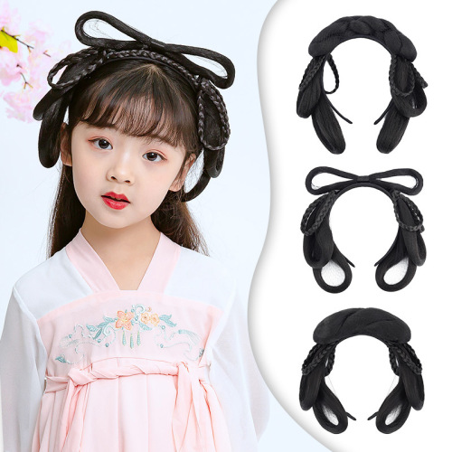 Fairy Hanfu cosplay wig for kids girls ancient chinese princess queen cosplay hairstyle hanfu bun hair hoop one hair modelling photos shooting children's costume wig