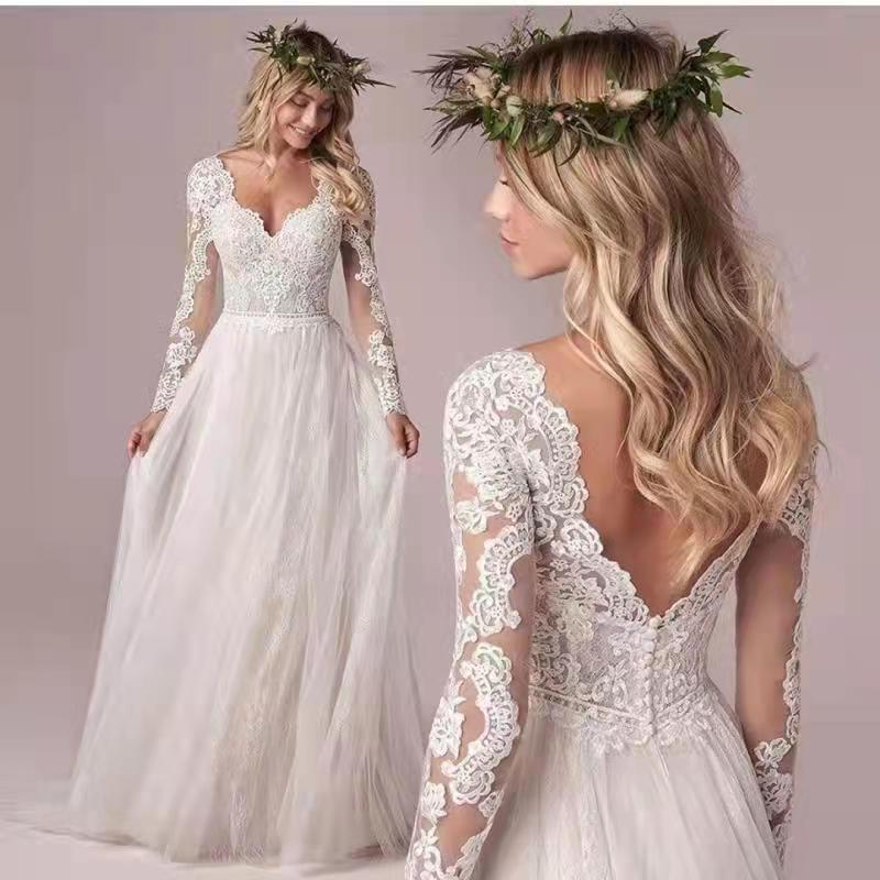 Comercio exterior europeo y americano Amazon AliExpress deseo elegante vestido de novia con cuello en V vestido de novia de manga larga de encaje largo