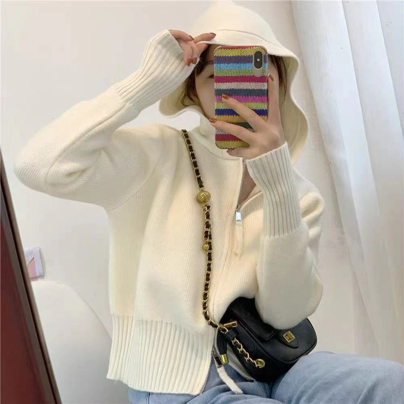 Double Zipper Hooded Sweater Jacket for Women in Autumn and Winter New Style Gentle Style Slimming Look Age-Reducing Elegant Short Knitted Cardigan for Women