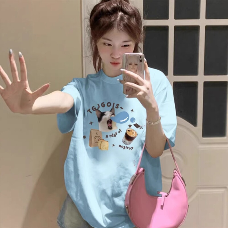 Pure Cotton Blue Straight-Shoulder Short-Sleeve T-Shirt for Women, 2026 New Summer Style, Loose Design, Niche, Cute and Sweet Top