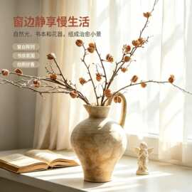 跨境2026新款诧寂风陶艺花瓶新中式斑驳瓷器玄关插花民宿摆