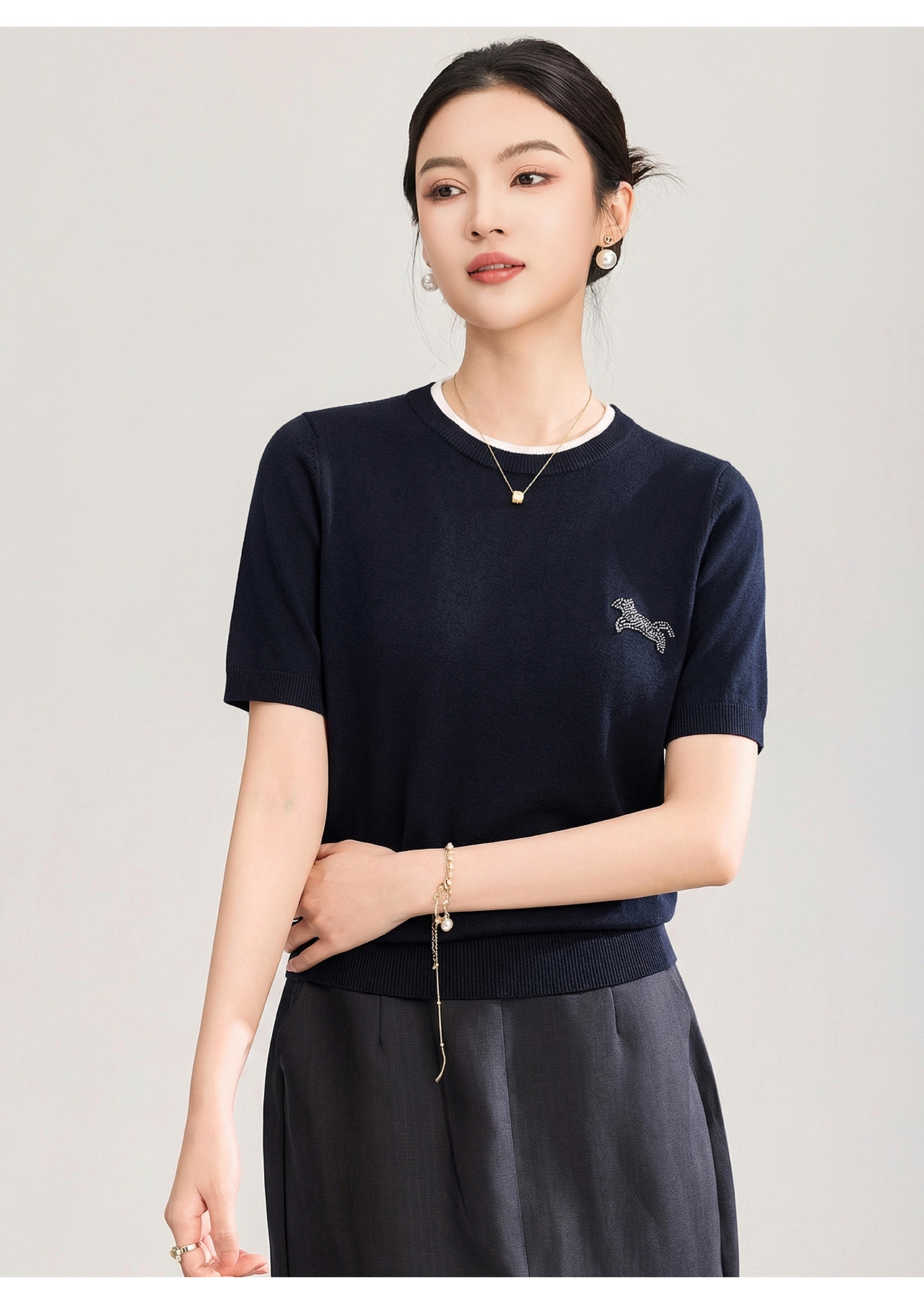 Áo thun dệt kim len merino giả hai lớp cổ tròn — màu xanh navy chi tiết 18