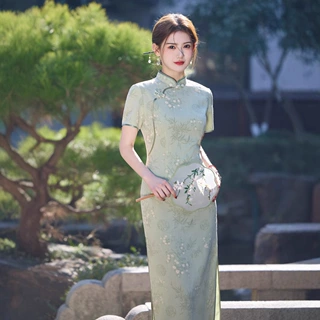 2025春夏新款仿竹节麻提花压花旗袍小个子年轻款少女修身绿色旗袍