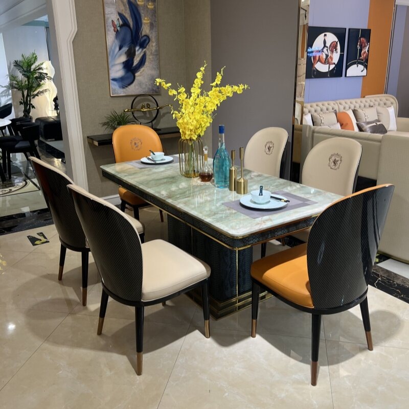 Italian-Style Light Luxury High-End Villa Dining Room Solid Wood Square Marble Dining Table and Chairs High-End Large-Sized Furniture