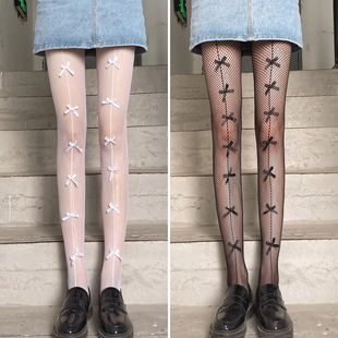 JK Bow Fishnet Stockings Women's Thin Summer Sexy Lori Hollow Leg Long Tube Bottoming Black Silk Pantyhose