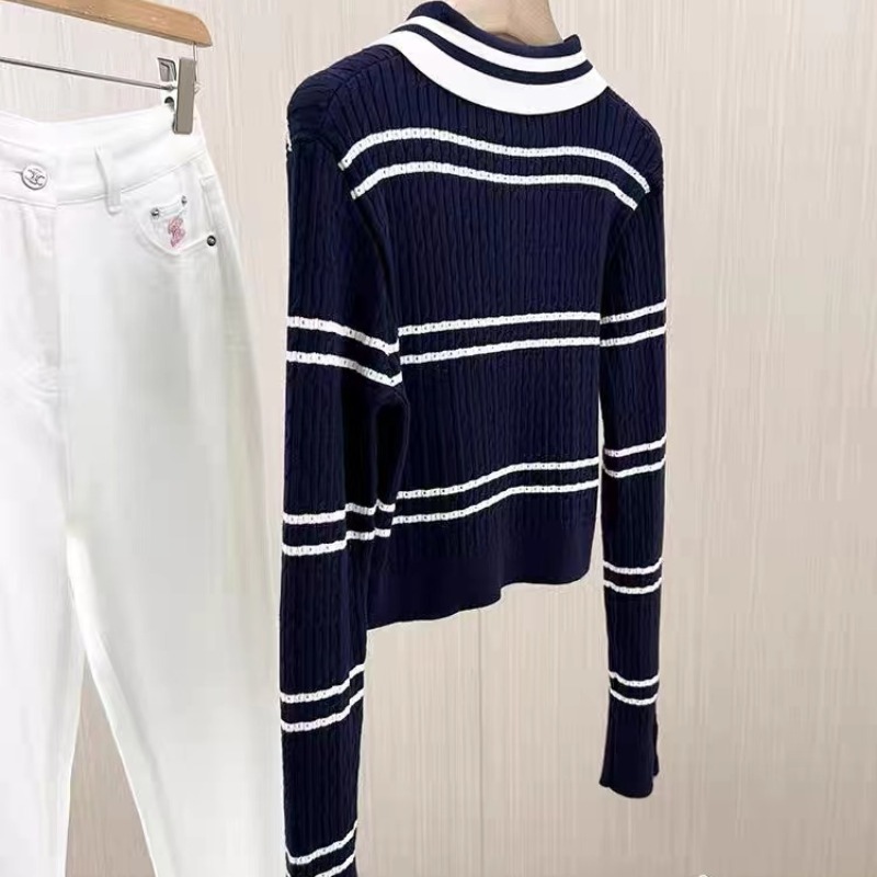 韩系绝美名媛风白色条纹V领长袖针织衫女秋季款好看轻熟小衫|undefined