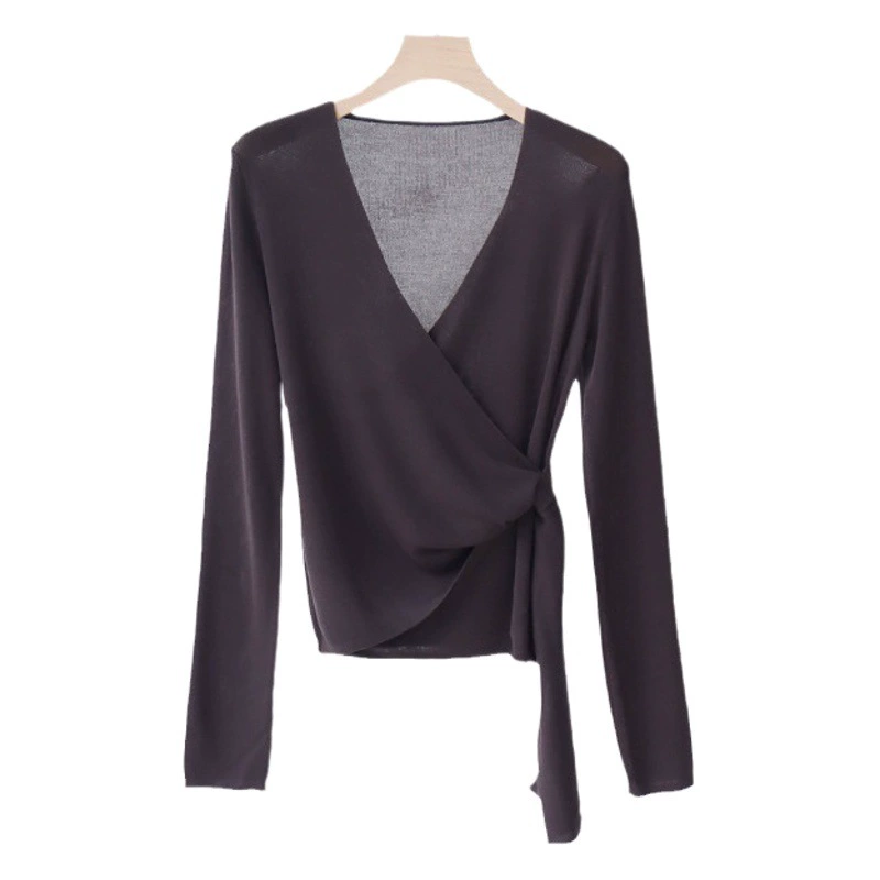 Женский вязаный свитер из тенселя и лиоцелла с перекрестными лямками, простой стиль, весна-лето, рубашка с длинным рукавом и V-образным вырезом, с дизайном на бретелях.