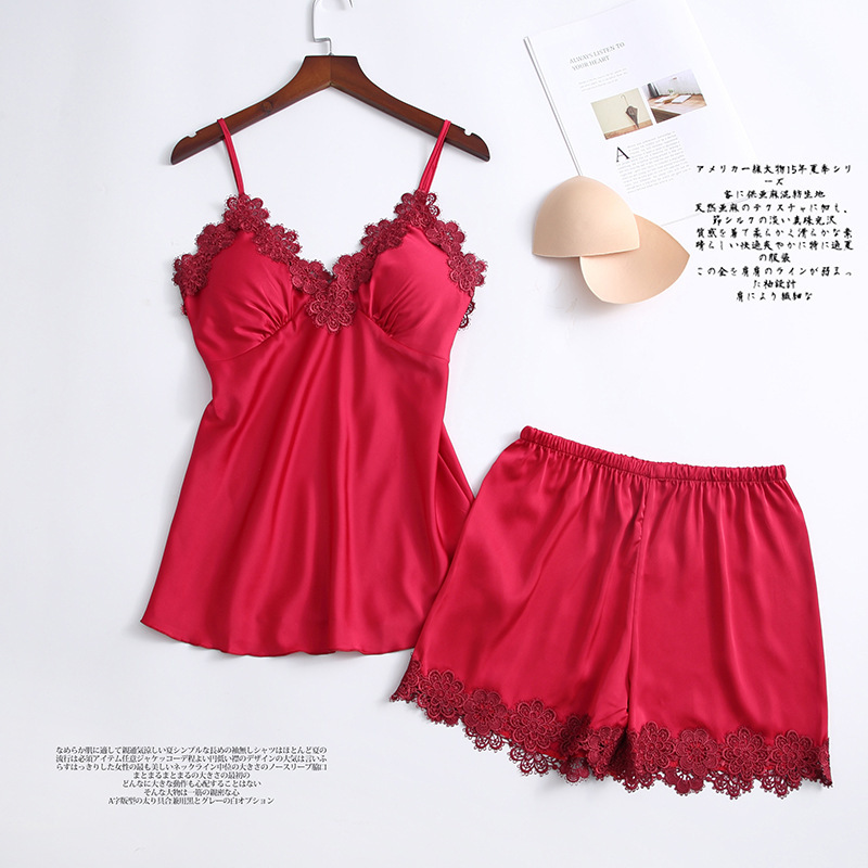 Pajamas Women's Spring and Summer Sexy Ice Silk Two-piece Set with Chest Pad Sling Shorts Set Thin Nightgown Nightgown Home Clothes