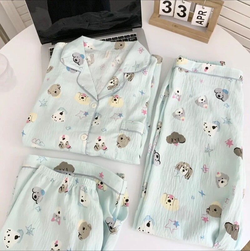 Cloud Cotton Pajamas for Women Spring and Summer Short-Sleeved Trousers New Cotton Silk Cartoon Three-Piece Suit Home Clothes Cross-Border Live Broadcast