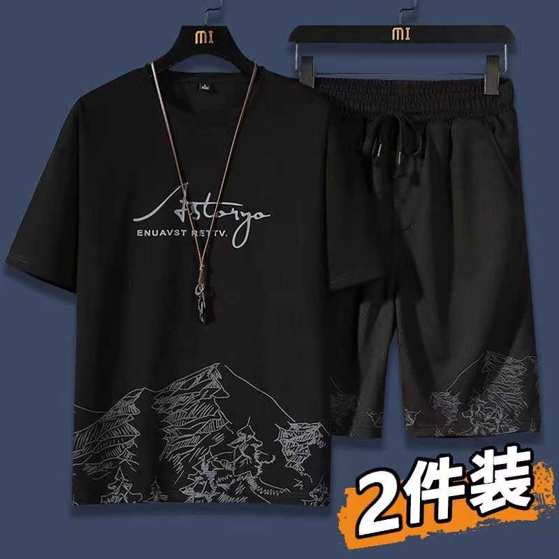 Ice silk gradient suit two-piece men's short sleeve T-shirt summer fashion new casual shorts sports handsome men's clothing