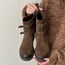 牛皮版~复古擦色圆头皮带扣马丁靴女2025新款粗跟西部牛仔靴短靴