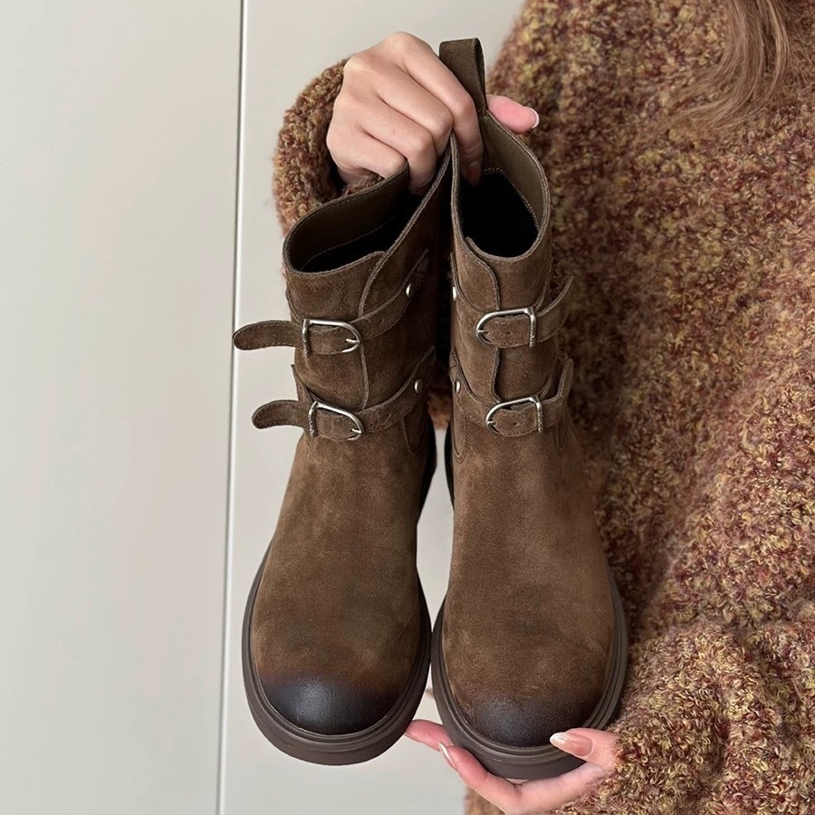 Cowhide Version ~ Retro Polished Round Toe Belt Buckle Boots for Women 2025 New Thick Heel Western Cowboy Boots Short Boots