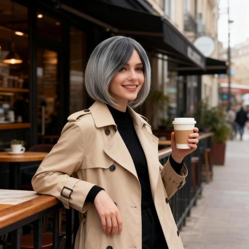 European and American women's parting short synthetic hair cap black and gray gradient color bobo short straight wig factory stock