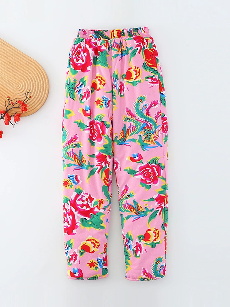 Фиолетовая Ни Ни Floral Демисезонные тёплые брюки, свободный прямой крой, высокий пояс, шёлк-хлопок, цветной принт