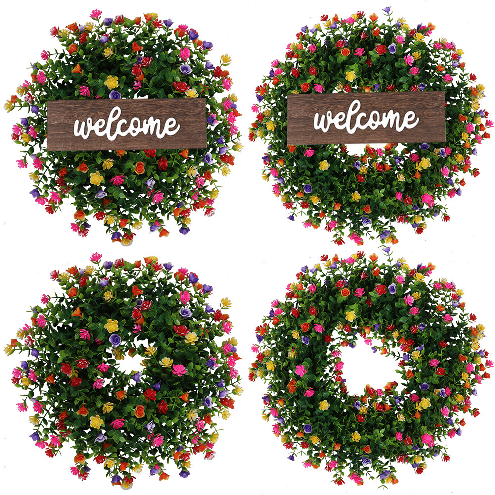 Pequeña corona de bienvenida de eucalipto y camelia, decoración para el hogar de Amazon, planta artificial de plástico, corona artificial