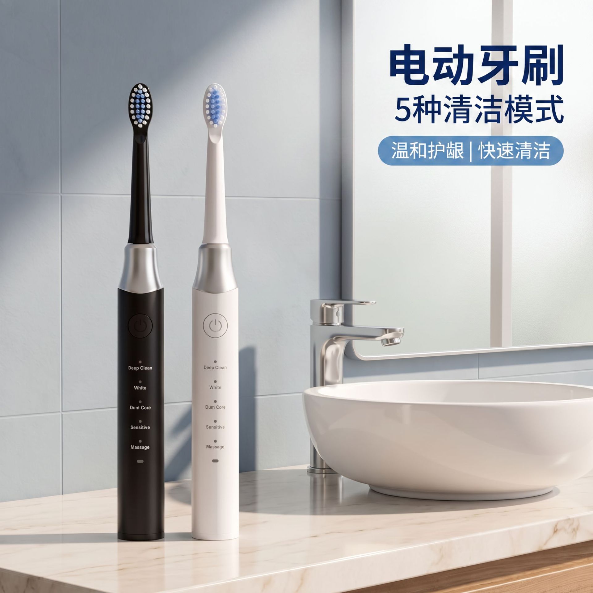 跨境厂家批发电动牙刷便携式充电全自动5挡调节IPX7防水持久续航