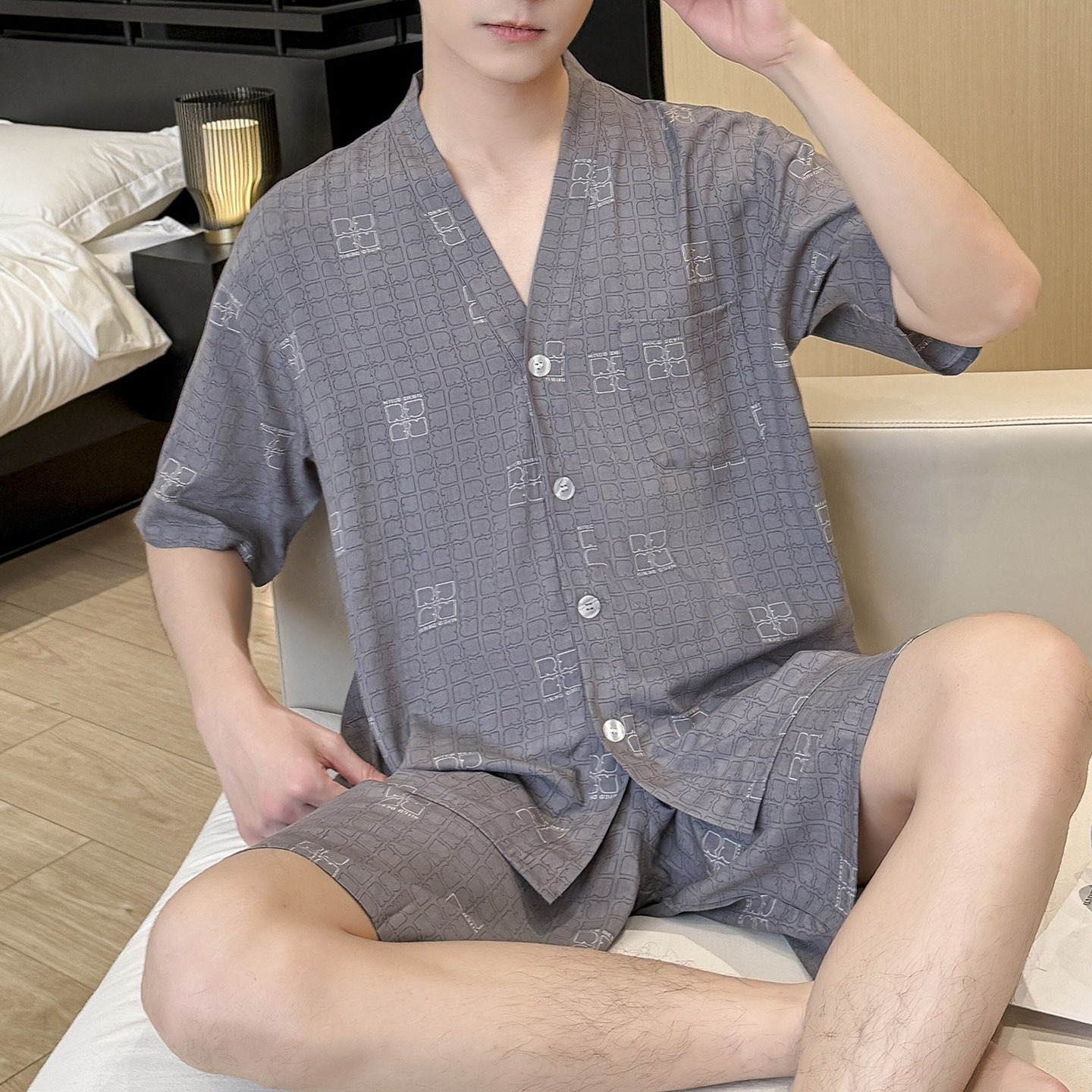 HDF 5287 남성용 반바지 - 회색 기하학 패턴