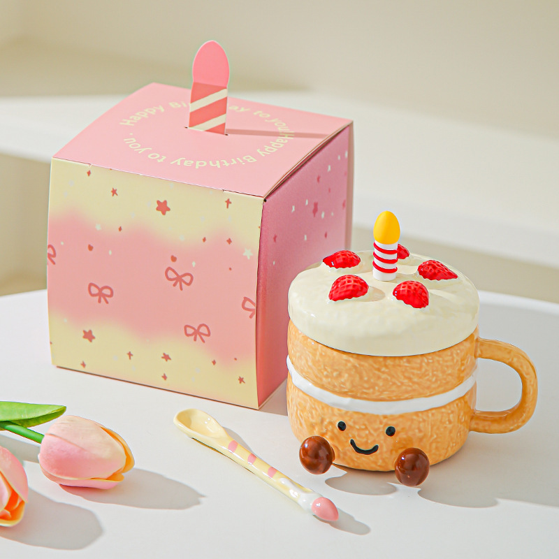 Canta de vela de cumpleaños encantadora tarta de cerámica taza de marca de dibujos animados con taza de agua de tapa de expresión creativa taza de café sonriente