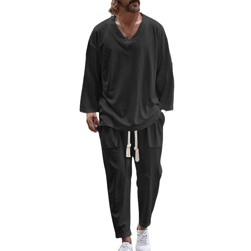 Men's Clothing autumn new casual V neck pullover long sleeve drawstring pocket design tapered trousers men's suit_voghion.com