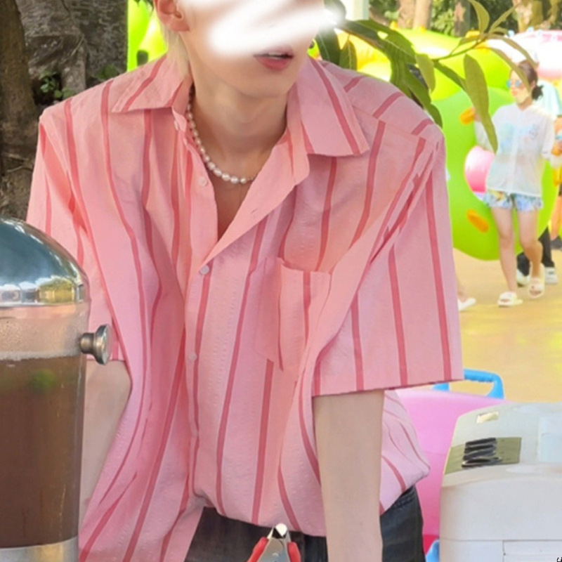 American Style Wear Pink Striped Short-sleeved Shirt Men's Summer Thin High-end Sunny Clean Shirt Jacket for Boys