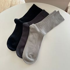 襪子男士豎紋簡約純色商務中筒襪棉感吸汗透氣不悶腳休閒百搭男襪