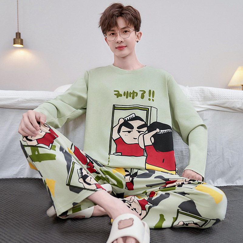 2025 Youth Cute Round Neck Pure Cotton Men's Long Sleeve Pajamas Autumn and Winter Loose Home Clothes Set