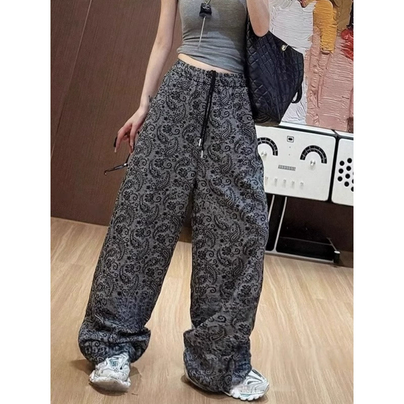 Широкие брюки с принтом 2025 для женщин, весна-лето, тонкие, свободные, утягивающие, драпированные, больших размеров, миниатюрные, повседневные брюки