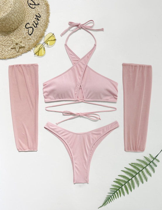 hanging neck wrap chest lace-up solid color bikini two-piece set with sleeve covers NSLRS133454