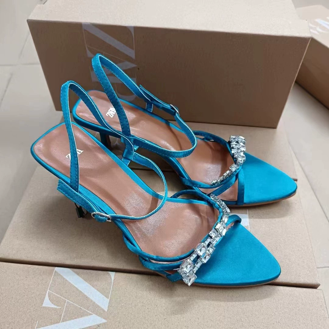 Летние слова 2024 года ZA в виде pointed sandals синего цвета с кристаллами на яркой ленте, обувь на шпильке с открытым носком, тонкая каблук, женские сабо